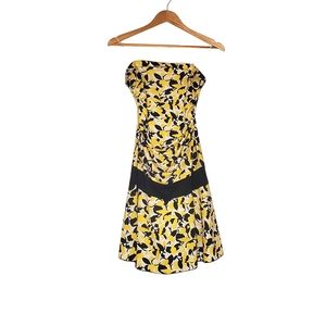 Yellow and Black Leaf Silhouette Print Mini Y2K Tube Dress with Black Waistband